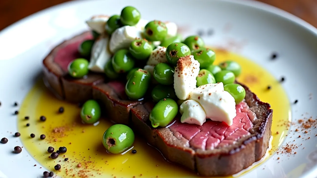 tagliata di manzo caprino fresco fave novelle"